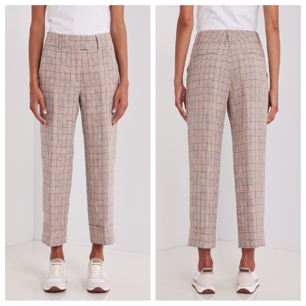 Peserico Pure Linen Trouser Bottoms Pants High-Waisted Ankle Cuffs Pockets Plaid